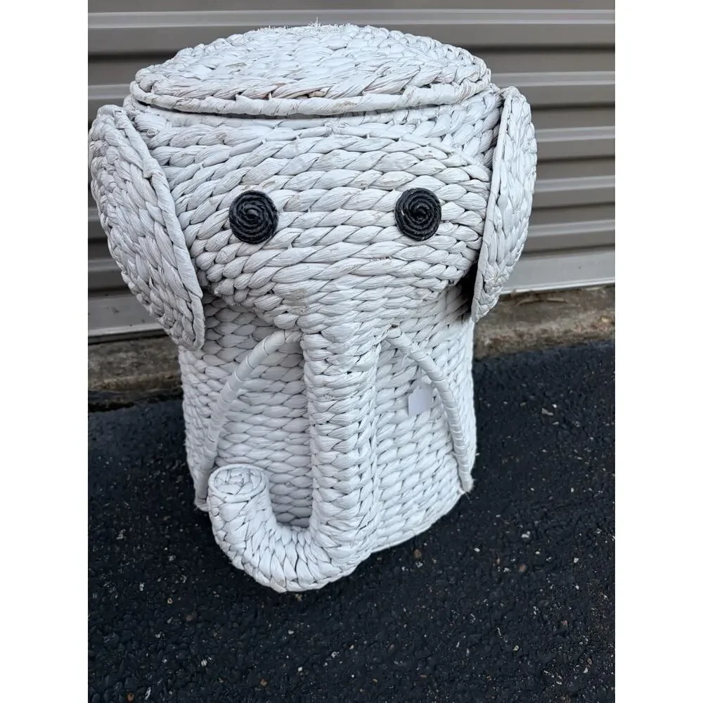 Elephant Hamper White Wicker Laundry Basket Clothes Bin Lid Woven Decor Nursery